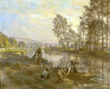 stream Painting - Figures by a Country Stream rural scenes peasant Leon Augustin Lhermitte